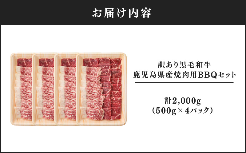 2619 訳あり黒毛和牛 鹿児島県産焼肉用BBQセット 計2,000g（500g×4パック）　KN041-003-03