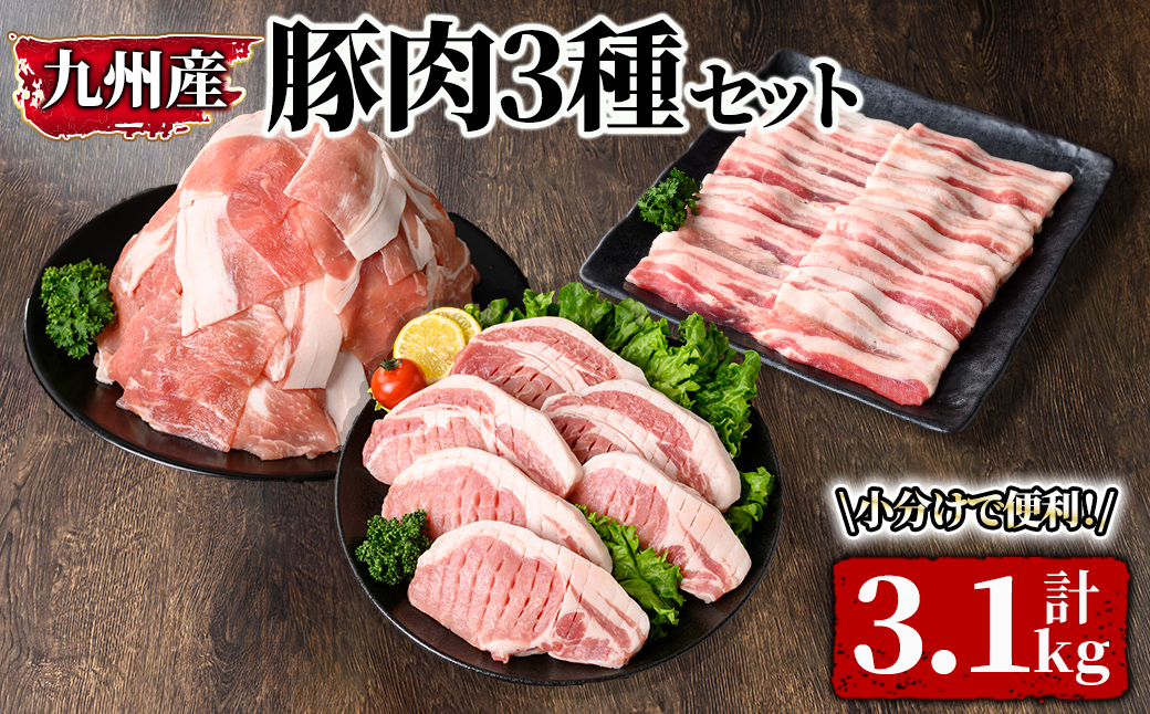 小分け・真空パック!九州産豚肉3.1kg 3種セット【国産 豚丼 炒め物 カレー シチュー チャック付 真空包装 真空パック】