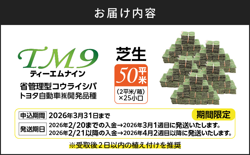 TM9（ティーエムナイン）省管理型コウライシバ トヨタ自動車(株)開発品種 50平米　KN080-007-05