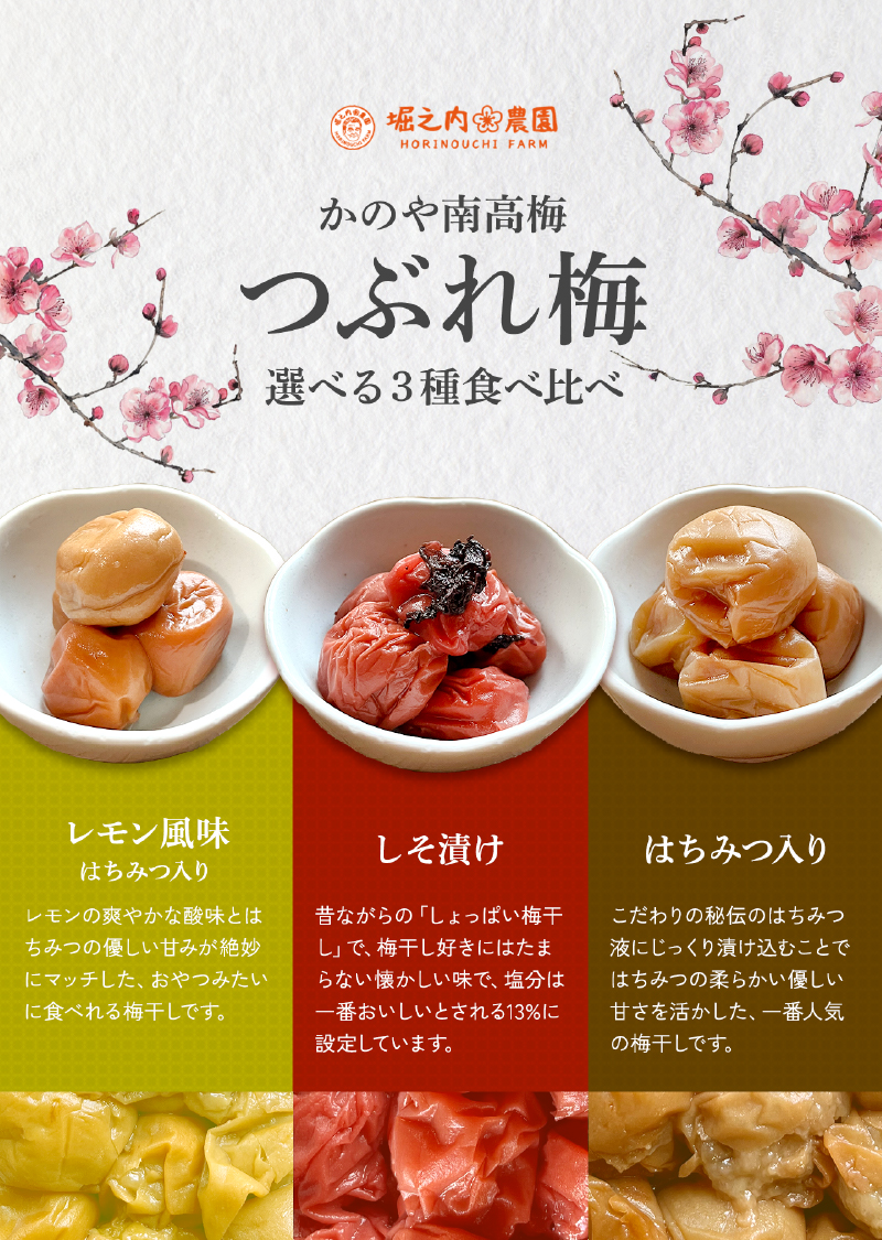 2583 ＜訳あり＞ つぶれ梅 梅干し かのや南高梅 食べ比べ A  （はちみつ梅・しそ梅・レモン風味） 各1袋 ×300g （計900g）　KN033-007-01