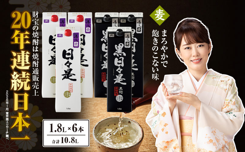 麦焼酎 紙パック 6本『日々是（麦）』『黒日々是（麦）』温泉水仕立ての焼酎　KN021-010-03