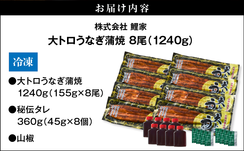 1701-2 大人気！鯉家の極上蒲焼「大トロうなぎ蒲焼（8尾）」1240g【国産・手焼き備長炭】　KN040-003