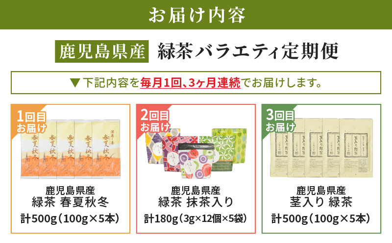 2565-1 【全3回定期便】鹿児島産 緑茶 バラエティ定期便＜3ヶ月連続（計3回）お届け＞　KN089-T07