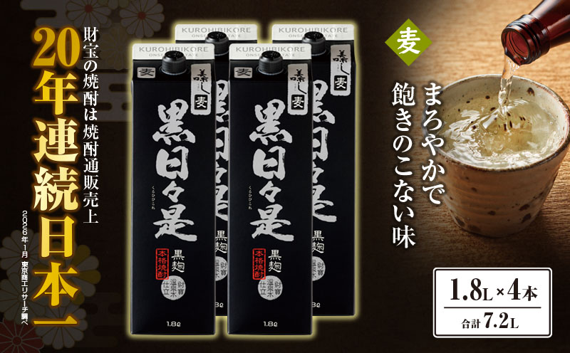 麦焼酎 紙パック 4本『黒日々是（麦）』温泉水仕立ての焼酎　KN021-009-02
