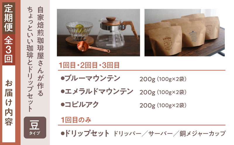 2747 【全3回定期便】【焙煎豆】＜自家焙煎珈琲屋さんが作るちょっといい珈琲とドリップセット（ブルーマウンテン・エメラルドマウンテン・コピルアク）＞　KN078-T03