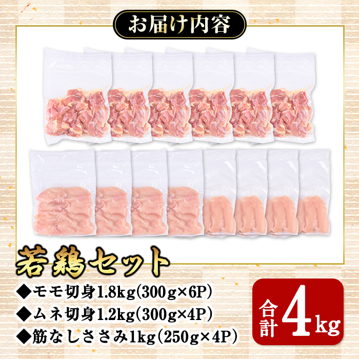 若鶏4ｋｇビッグセット【国産 鹿児島県産 鶏肉 鶏 鳥肉 鶏もも 鶏むね 鶏ささみ セット 小分け 真空 冷凍 冷凍保存】