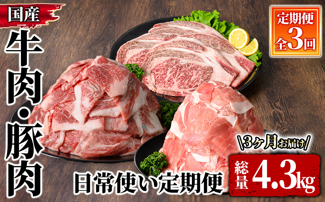 牛肉・豚肉　日常使い定期便（３回お届け）【国産 冷凍 小分け 牛肉 豚肉 和牛 定期便】