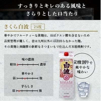 【薩摩酒造】1.8Lパック入り・黒白波3本・さつま白波2本・さくら白波1本　計6本セット C7-24【配送不可地域：離島】【1657243】