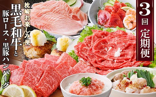 定期便【3回配送】枕崎お楽しみ便(A5黒毛和牛・豚ロース・黒豚ハンバーグ・かつお丼)LL-6037【配送不可地域：離島】【1473519】