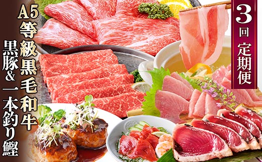 定期便(3回配送)黒毛和牛・黒豚・カツオ LL-6036【配送不可地域：離島】【1483594】