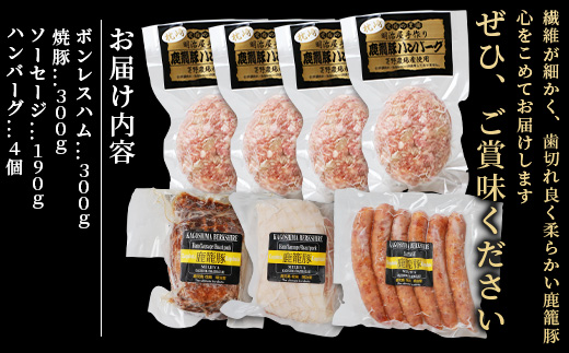 ハンバーグ・ソーセージ・ハム・焼豚【合計1.3kg】枕崎産黒豚 B3−4【配送不可地域：離島】【1166984】