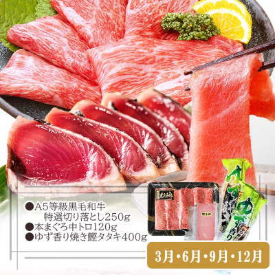 定期便(3回の配送)枕崎お楽しみ便(黒毛和牛・まぐろ中トロ・鰹・さつまあげetc) LL-6002【配送不可地域：離島】【1457816】