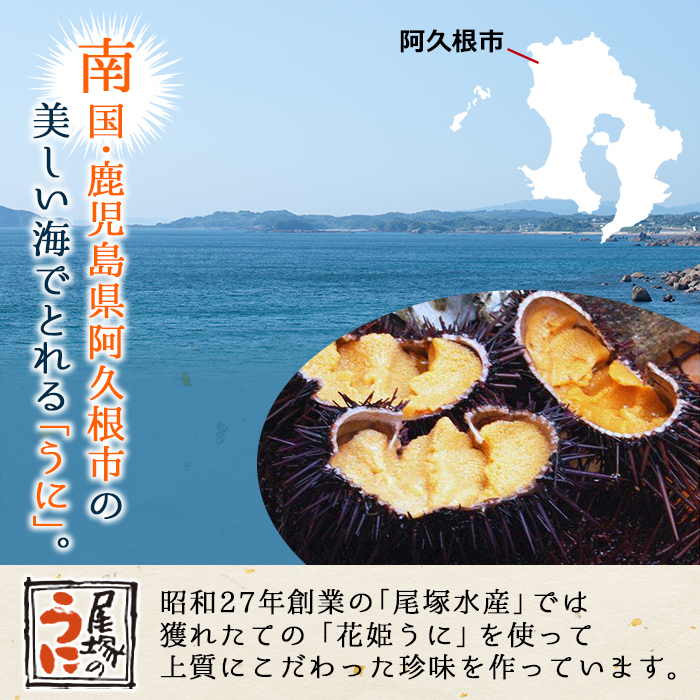 粒うに(計120g・60g×2瓶) 国産 鹿児島県産 雲丹 ウニ 魚介 魚貝 海産物 海鮮丼 瓶詰 小分け セット 冷蔵配送 刺身 海鮮丼【尾塚水産】akn004-10