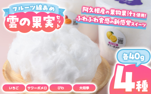 ＜先行予約受付中！2026年3月以降順次発送予定＞フルーツ綿あめ「雲の果実」アソートセット(約40g×4種・Aセット) 国産 阿久根産 わたあめ 綿飴 果汁 果物 いちご サワーポメロ びわ 大将季 おやつ スイーツ 【松永青果】akn053-46