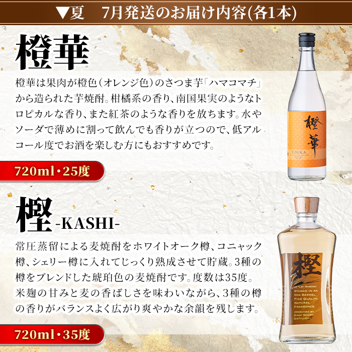 ＜定期便・全4回(4月・7月・10月・1月)＞鹿児島本格芋焼酎や麦焼酎(合計8本・各2本×4回)黄麹鶴見 緋扇 橙華 樫 白濁鶴見 かぶと莫祢氏 かぶと鶴見 鶴見 酒 お酒 アルコール 水割り ソーダ割 ロック【大石酒造】a-72-2