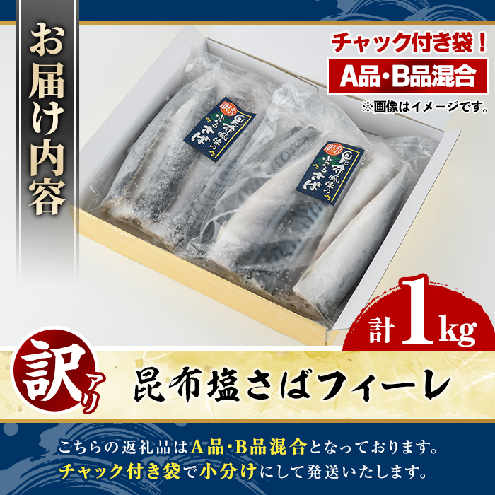 訳あり！昆布塩さばフィーレ(A品B品混合・計1kg) サバ 鯖 おかず おつまみ 惣菜 焼き魚 切り身 昆布 ご家庭用 リピート 【グローバルフーズ】akn061-23