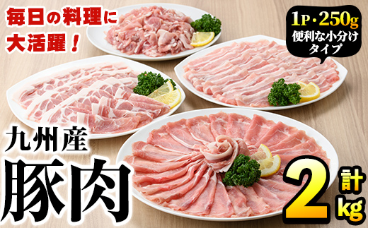 豚肉詰め合わせ(計2kg・1パック250g) 国産 九州産 小分け 個包装 真空パック 定期便 鍋 冷凍配送 ぶた肉 ポーク セット 詰め合わせ ロースしゃぶしゃぶ 肩ロース生姜焼き 豚バラスライス こま切れ【三九】akn006-03
