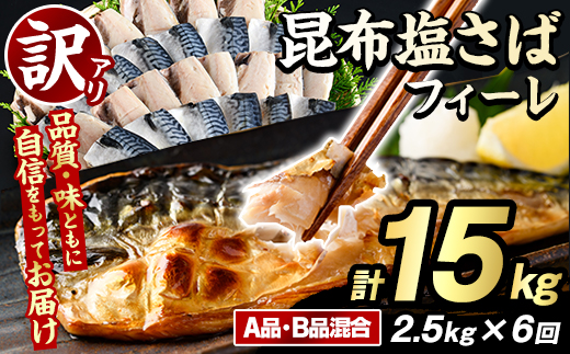 ＜定期便(隔月)・全6回＞訳あり！昆布塩さばフィーレ(A品B品混合・計15kg) 大容量 ボリューム サバ 鯖 おかず おつまみ 惣菜 焼き魚 切り身 昆布 ご家庭用 リピート 定期便 【グローバルフーズ】akn061-26