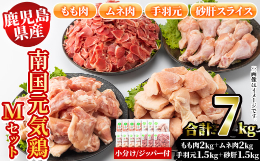 鹿児島県産鶏肉！南国元気鶏Mセット(合計7kg・もも肉：500g×4P、ムネ肉：500g×4P、手羽元：500g×3P、砂肝スライス：500g×3P) 国産 九州産 鹿児島産 モモ肉 鶏モモ むね肉 胸肉 鶏ムネ 手羽元 砂肝 小分け【さるがく水産】a-30-12