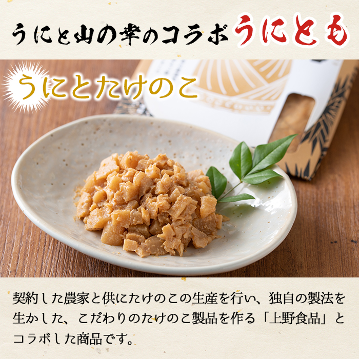 ＜鹿児島県産うに使用＞ご飯のお供「うにとも」うにとたけのこ(50g×4袋)国産 ウニ 雲丹 タケノコ 筍 おかず 惣菜 常温【尾塚水産】a-12-143-z