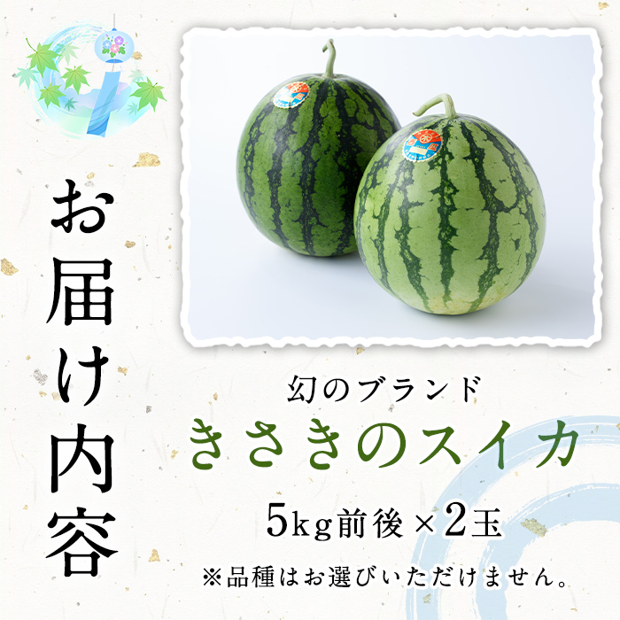 幻のブランド「きさきのスイカ」(2玉・5kg前後×2) スイカ すいか 西瓜 果物 フルーツ 野菜 旬 夏 おやつ 水分補給 熱中症対策 木佐木野【竹ん子山】a-16-51