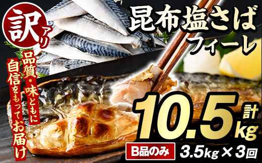 ＜定期便(隔月)・全3回＞訳あり！昆布塩さばフィーレ(B品のみ・計10.5kg) 大容量 ボリューム サバ 鯖 おかず おつまみ 惣菜 焼き魚 切り身 昆布 ご家庭用 リピート 定期便 【グローバルフーズ】akn061-29