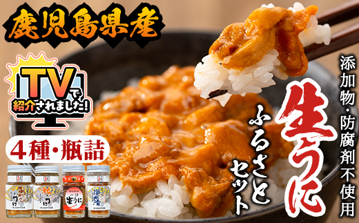 ＼テレビで紹介されました！／＜鹿児島県産うに使用＞濃厚なウニの瓶詰め(4種)国産 九州産 鹿児島産 ウニ うに 雲丹 海胆 水産加工品 ムラサキウニ あわび アワビ 鮑 おつまみ【尾塚水産】akn004-21