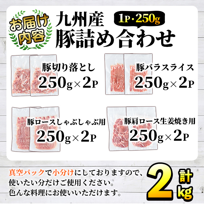 豚肉詰め合わせ(計2kg・1パック250g) 国産 九州産 小分け 個包装 真空パック 定期便 鍋 冷凍配送 ぶた肉 ポーク セット 詰め合わせ ロースしゃぶしゃぶ 肩ロース生姜焼き 豚バラスライス こま切れ【三九】a-14-24-z