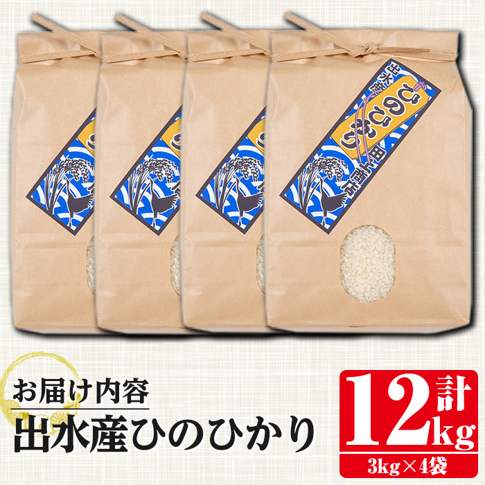 i395 鹿児島県出水市産ひのひかり＜3kg×4袋・計12kg＞【田上商店】