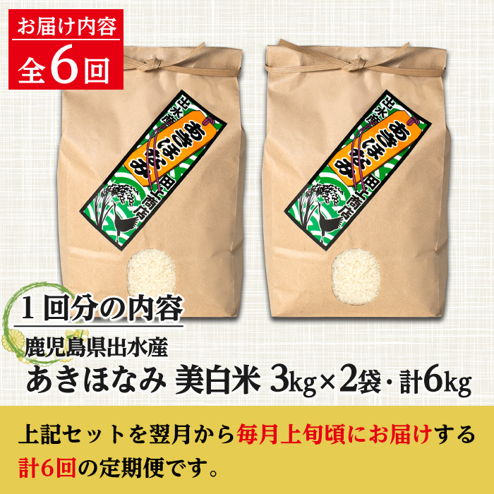 i540 ＜定期便・計6回(連続)＞鹿児島県出水市産あきほなみ 美白米＜(3kg×2袋・計6kg)×全6回＞【田上商店】