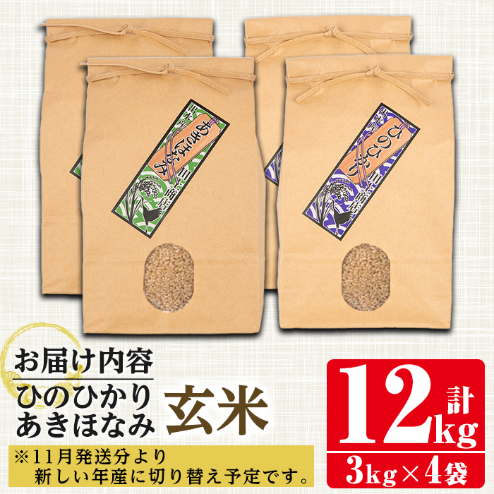 i867-B あきほなみ・ひのひかり食べ比べセット 玄米 (各種3kg×2袋・計4袋・12kg)【田上商店】