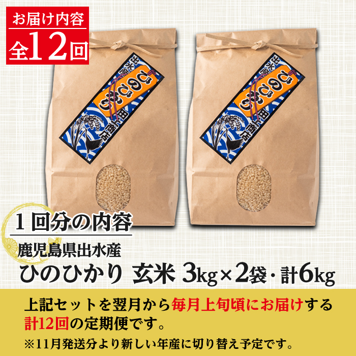 i663 ＜定期便・計12回(連続)＞鹿児島県出水市産ひのひかり玄米＜(3kg×2袋・計6kg)×全12回＞【田上商店】