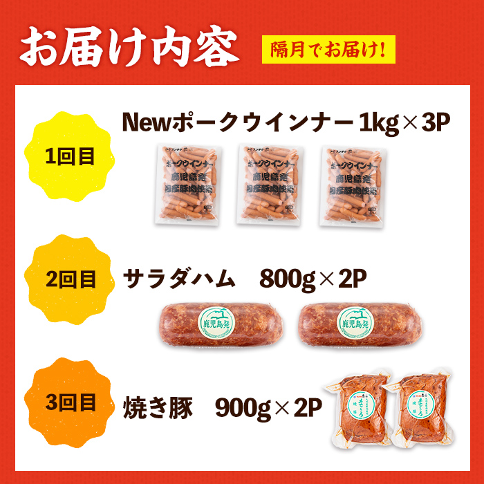 i1205-B ＜定期便・計3回(隔月)＞ナンチク 加工品 セット ( Newポークウインナー / 焼き豚 / サラダハム ) 定期便 訳アリ ウインナー ソーセージ 焼き豚 チャーシュー サラダハム 簡易包装 業務用 人気 隔月【ナンチク】