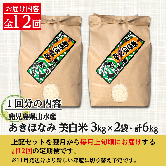 i652 ＜定期便・計12回(連続)＞鹿児島県出水市産あきほなみ 美白米＜(3kg×2袋・計6kg)×全12回＞【田上商店】