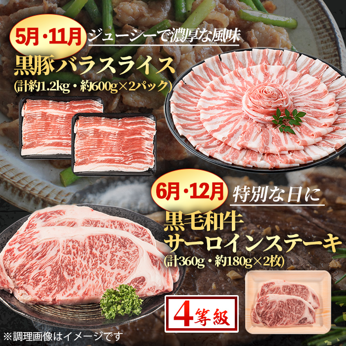 i1008 ＜定期便・計12回(連続)＞黒毛和牛黒豚定期便(総計約10.7kg以上) 国産 九州産 鹿児島産 黒毛和牛 牛肉 国産牛 黒豚 豚肉 サーロイン ステーキ 切り落とし 切落し しゃぶしゃぶ すき焼き 定期便 12回 冷凍配送 【スターゼン】