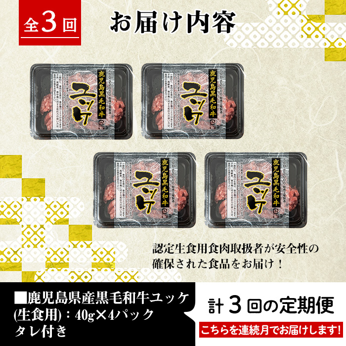 i824 《毎月数量限定》＜定期便・計3回(連続)＞ 鹿児島県産黒毛和牛ユッケ＜(40g×4P・計160g)×全3回＞ 肉 牛肉 黒毛和牛 国産 鹿児島県産 ユッケ 生食 旨み 定期便 連続月 毎月 定期便 カミチク 【株式会社LRプラスK】