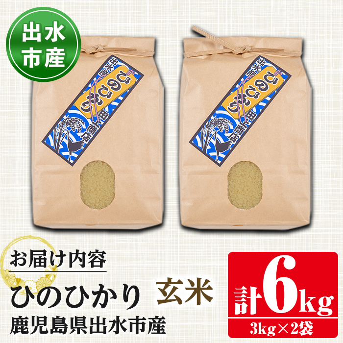 i504-Xm 【クリスマスギフト】鹿児島県出水市産ひのひかり玄米＜3kg×2袋・計6kg＞【田上商店】