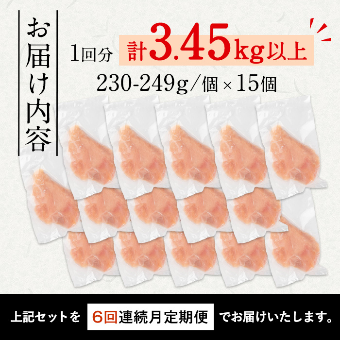 i1194-B ＜定期便・計6回(連続)＞《訳あり・不揃い》いずみどり むね肉 小分け(計3.45kg以上×全6回・計20.7kg以上) ムネ肉 胸肉 鶏ムネ 鶏むね 鶏肉 定期便 6回 3kg 肉 唐揚げ 鶏料理 冷凍 真空 訳あり サイズ不揃い 訳あり 規格外 小分けパック 【西尾】