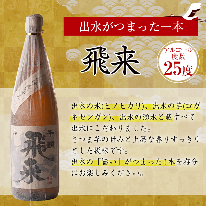 i035 神酒造の飲み比べ「千鶴・いも神・もみじのしずく・飛来」(各1800ml×4本)本場鹿児島の芋焼酎！代表銘柄の千鶴をはじめ、さつま芋の甘みと上品な香りとすっきりとした後味！【神酒造】