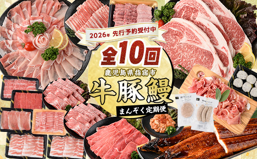 【2026年発送 先行予約】【全１０回定期便】鹿児島自慢の豚・牛・うなぎ 満足定期便(水迫畜産/Z100-528) 国産 鹿児島県産 ウナギ 鰻 牛肉 豚肉 肉 牛 豚 生ハム うなぎ蒲焼 蒲焼 蒲焼き すきやき すき焼き 生姜焼き 合いびき 合挽 味付 和牛 黒豚 いぶすき ホルモン カルビ ハンバーグ 切り落とし 焼肉 しゃぶしゃぶ ステーキ ソーセージ 指宿 鹿児島 頒布会 定期