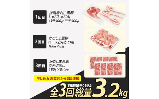 【全３回定期便】かごしま黒豚バラエティ定期便(岡村商店/IBZ024-003) 鹿児島 黒豚 黒ぶた 豚肉 豚 肉 お肉 バラ モモ ロース ウデ しゃぶしゃぶ とんかつ 切り落とし 切落し 小分け 冷凍 定期便 約3.2?