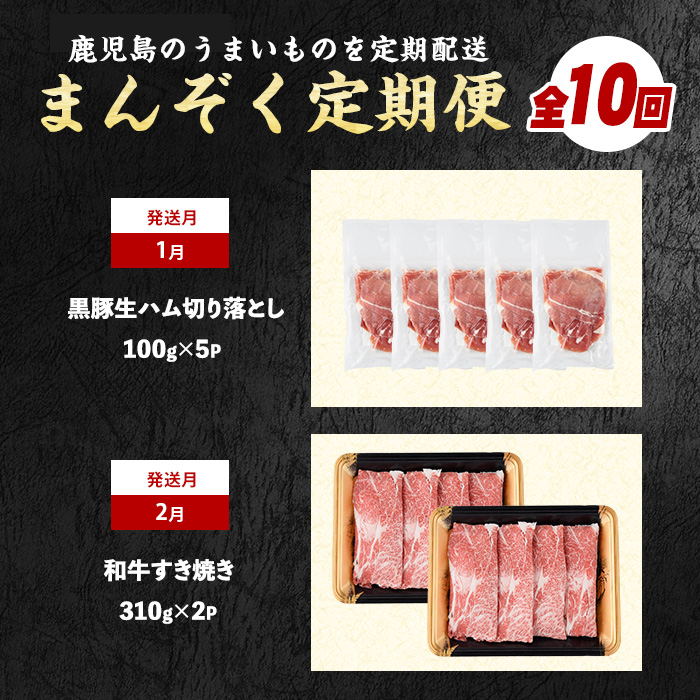 【2026年発送 先行予約】【全１０回定期便】鹿児島自慢の豚・牛・うなぎ 満足定期便(水迫畜産/Z100-528) 国産 鹿児島県産 ウナギ 鰻 牛肉 豚肉 肉 牛 豚 生ハム うなぎ蒲焼 蒲焼 蒲焼き すきやき すき焼き 生姜焼き 合いびき 合挽 味付 和牛 黒豚 いぶすき ホルモン カルビ ハンバーグ 切り落とし 焼肉 しゃぶしゃぶ ステーキ ソーセージ 指宿 鹿児島 頒布会 定期