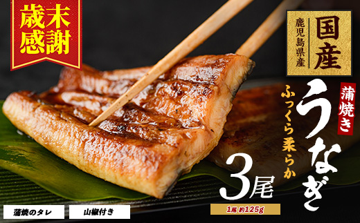 【歳末感謝！】【鹿児島県産】うなぎ蒲焼じっくり焼き約125g×3尾 化粧箱入り(大新/016-1900) 鰻 ウナギ 蒲焼 国産 丑の日 うな重 無頭 ギフト プレゼント 贈り物 贈答 惣菜 総菜 小分け レンジ 簡単 蒲焼き 冷凍 鹿児島県産