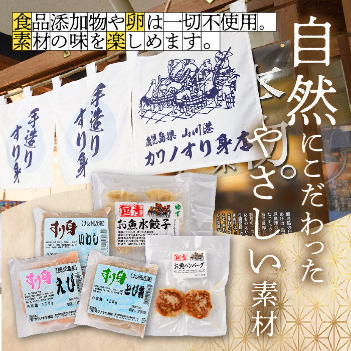 お魚ハンバーグ・お魚水餃子セット(カワノすり身店/IB062-005) 鹿児島 魚 魚介 すり身 水餃子 ハンバーグ 練り物 食品添加物不使用 卵不使用 おかず 弁当 惣菜 小分け パック 詰合せ セット
