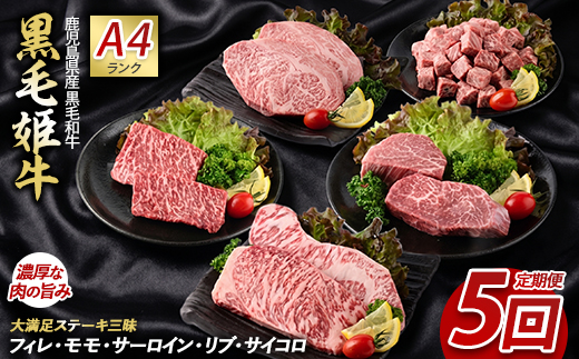 【全５回定期便】 大満足 ステーキ 三昧 定期便 (Meat you/IBZ029-001)  黒毛 姫牛 A4ランク リブロース サーロイン フイレ モモ サイコロステーキ 国産 和牛 牛肉 黒毛和牛