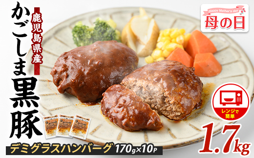 【母の日ギフト】レンジで簡単 かごしま黒豚デミグラスハンバーグ170g×10個(レンジ調理)(岡村商店/IB024-029m) ハンバーグ デミソース 温めるだけ 黒豚 豚 豚肉 デミグラスハンバーグ かごしま黒豚 国産 鹿児島県産 レンジ レンチン 簡単 簡単調理 冷凍 小分け 子供 個食 洋食 個包装 手軽 少量 個別包装 レトルト 国産豚 ロコモコ アレンジ スパイス