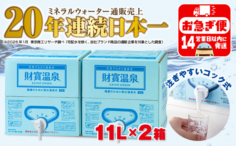 A1-22533／天然アルカリ温泉水 財寶温泉 11L×2箱 財宝