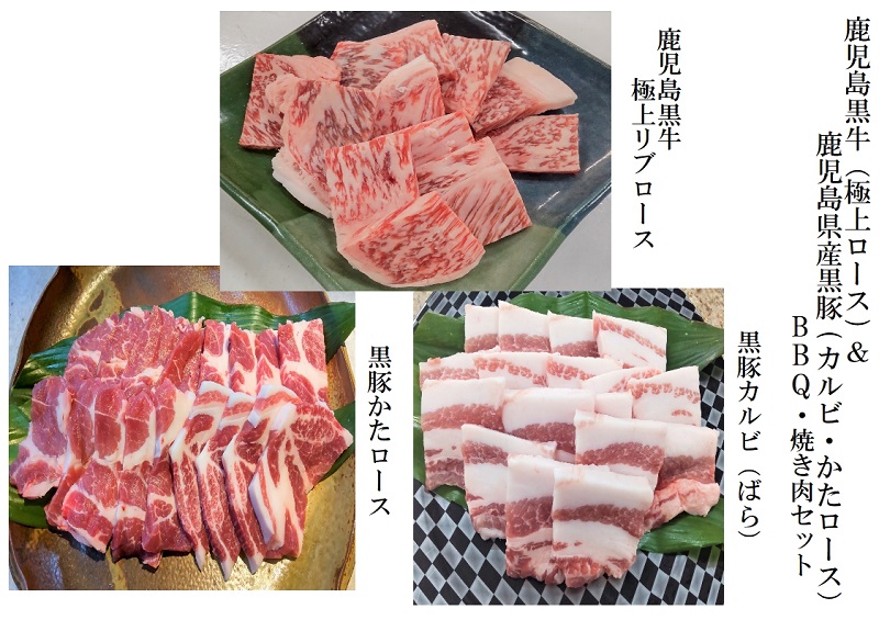D4-3019／【鹿児島黒牛 極上リブロース・鹿児島県産黒豚 BBQ焼肉セット