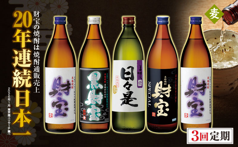 C3-22125／【 定期便 】 3回 届け・ 焼酎 4種5本 飲み比べセット 【5合瓶（麦）】 温泉水仕立て！ 財宝