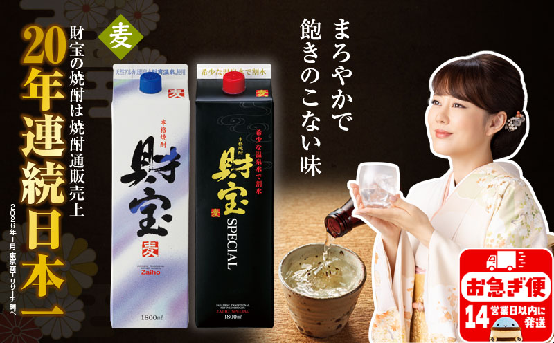 A1-22508／麦焼酎 紙パック 2種2本 財宝 財宝スペシャル 1800ml × 各1本 温泉水 財宝 鹿児島 焼酎 お酒